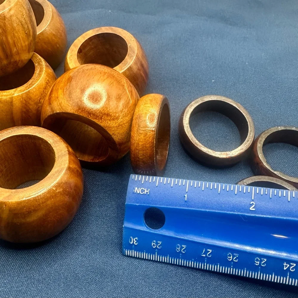 Vintage Mid-Century Modern Wooden Napkin Ring Set - 10 Piece